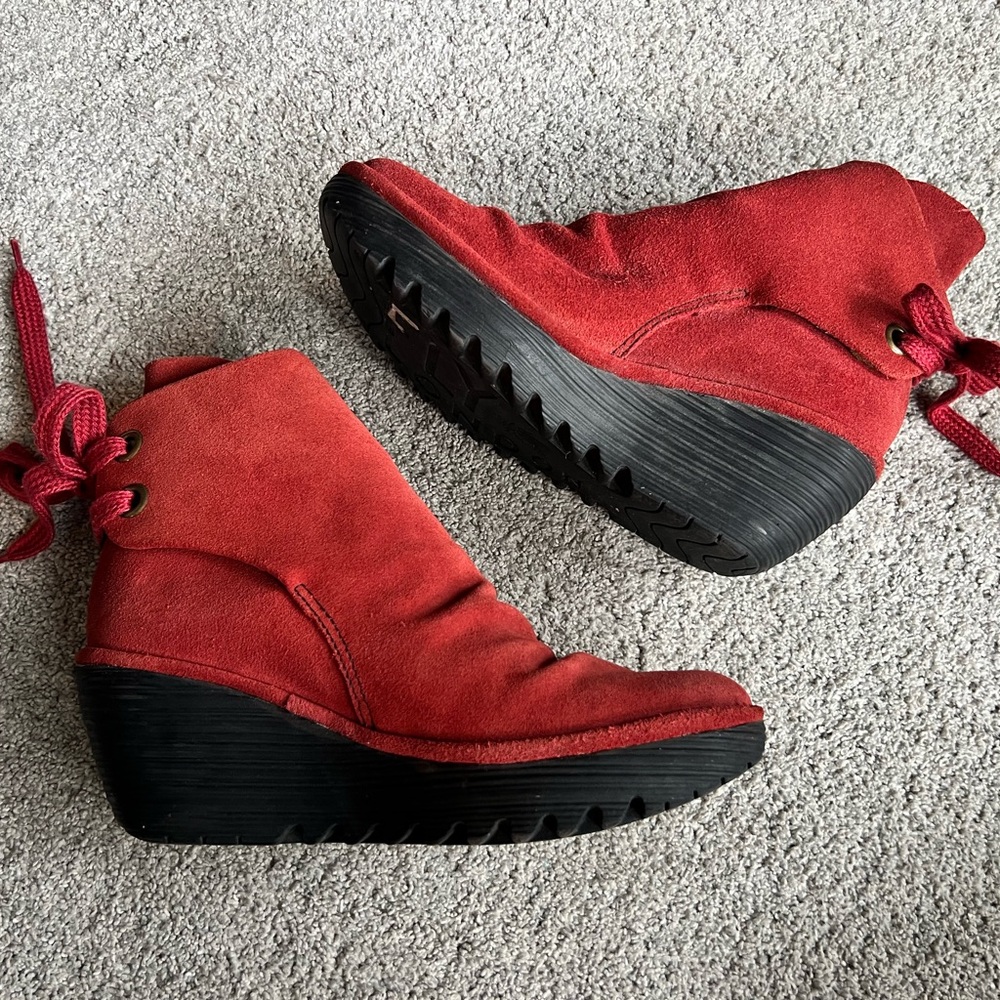 Fly London Ankle Boots Yama Size 39 Wedge Brick Suede Lace Up Ankle Booties